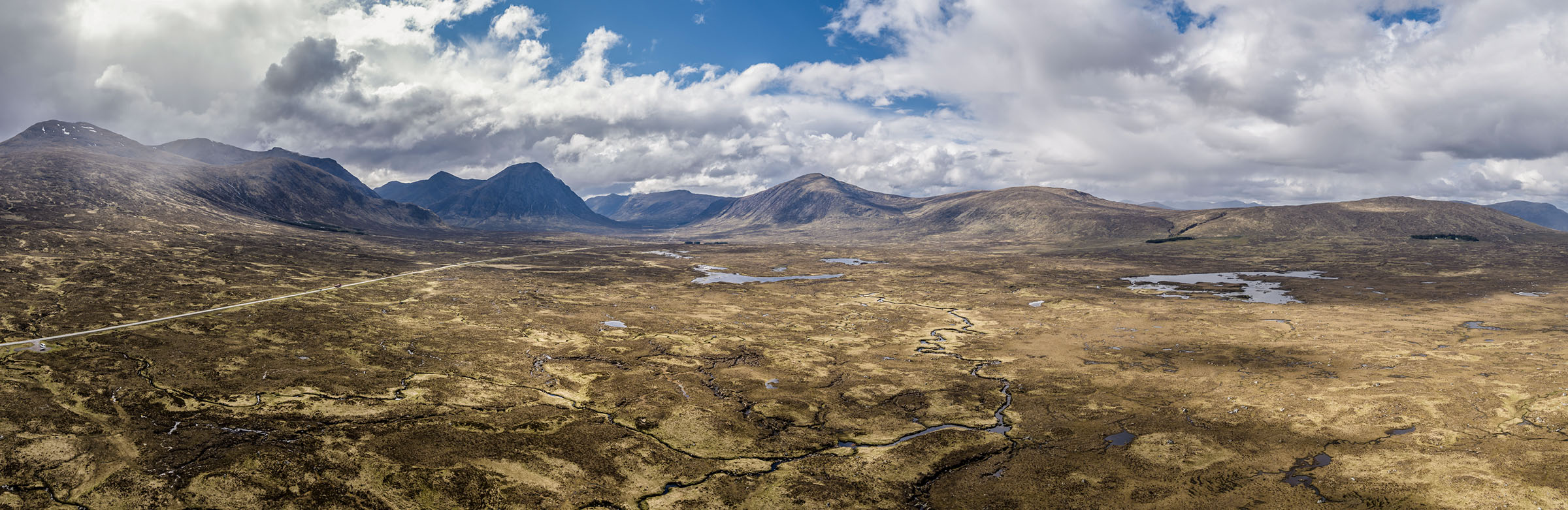 Aerial view of the A82 crossing Rannoch Moor towards Buachaille Etive Mòr