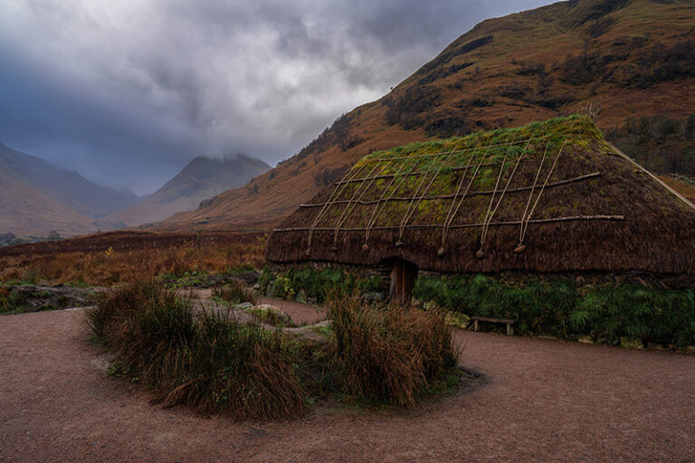 Reconstructed turf-and-creel house at the Glencoe Visitor Centre